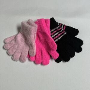 Little Girls One Size Black Pink Knit Stretch Gloves 3 Pack